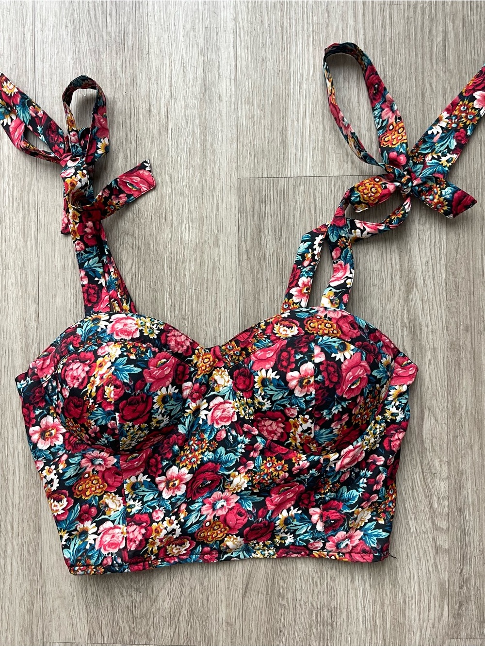Floral Tie-Shoulder Bustier Crop Top - Pink Floral